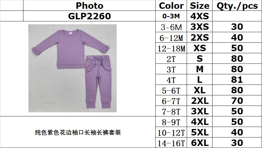 RTS NO MOQ ETA 5/7days Arrived GLP2260 Pure purple lace cuffs long sleeve trousers set