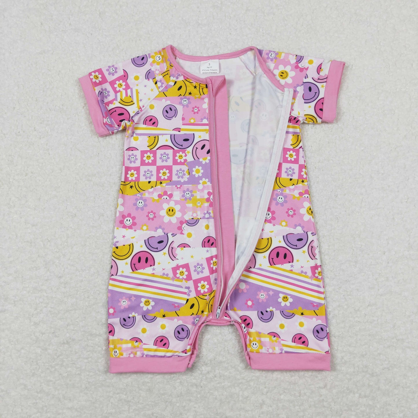 SR0968 Smiley flower pink and purple zipper short-sleeved jumpsuit