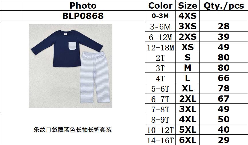 RTS NO MOQ ETA 5/7days Arrived BLP0868 Striped pocket navy blue long-sleeved trousers set