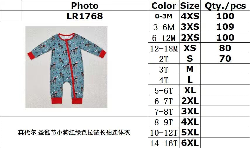 BAMBOO RTS NO MOQ ETA 5/7days LR1768 Modal Christmas puppy red and green zipper long-sleeved jumpsuit