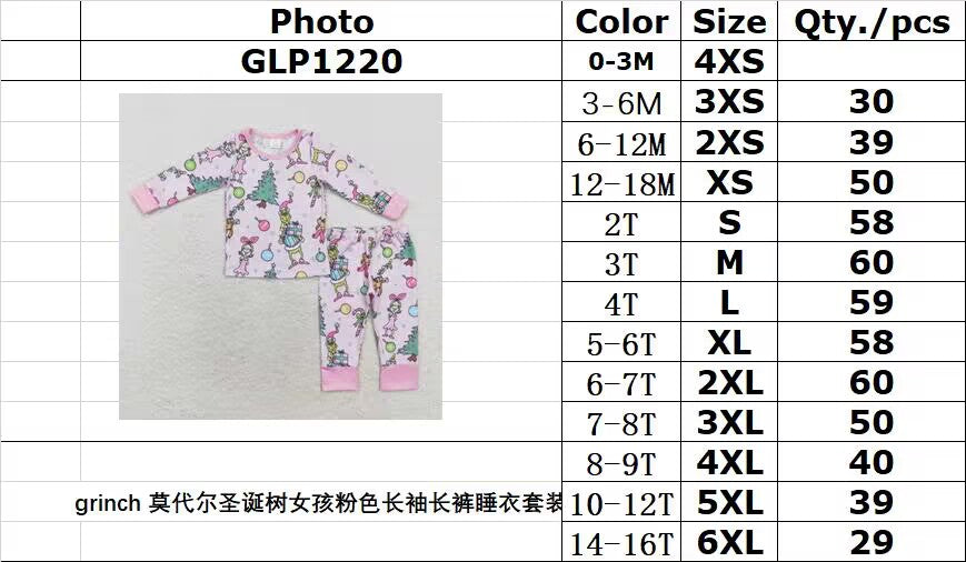 bamboo rts no moq GLP1220 Grinch Modal Christmas Tree Girls Pink Long Sleeve Pants Pajama Set