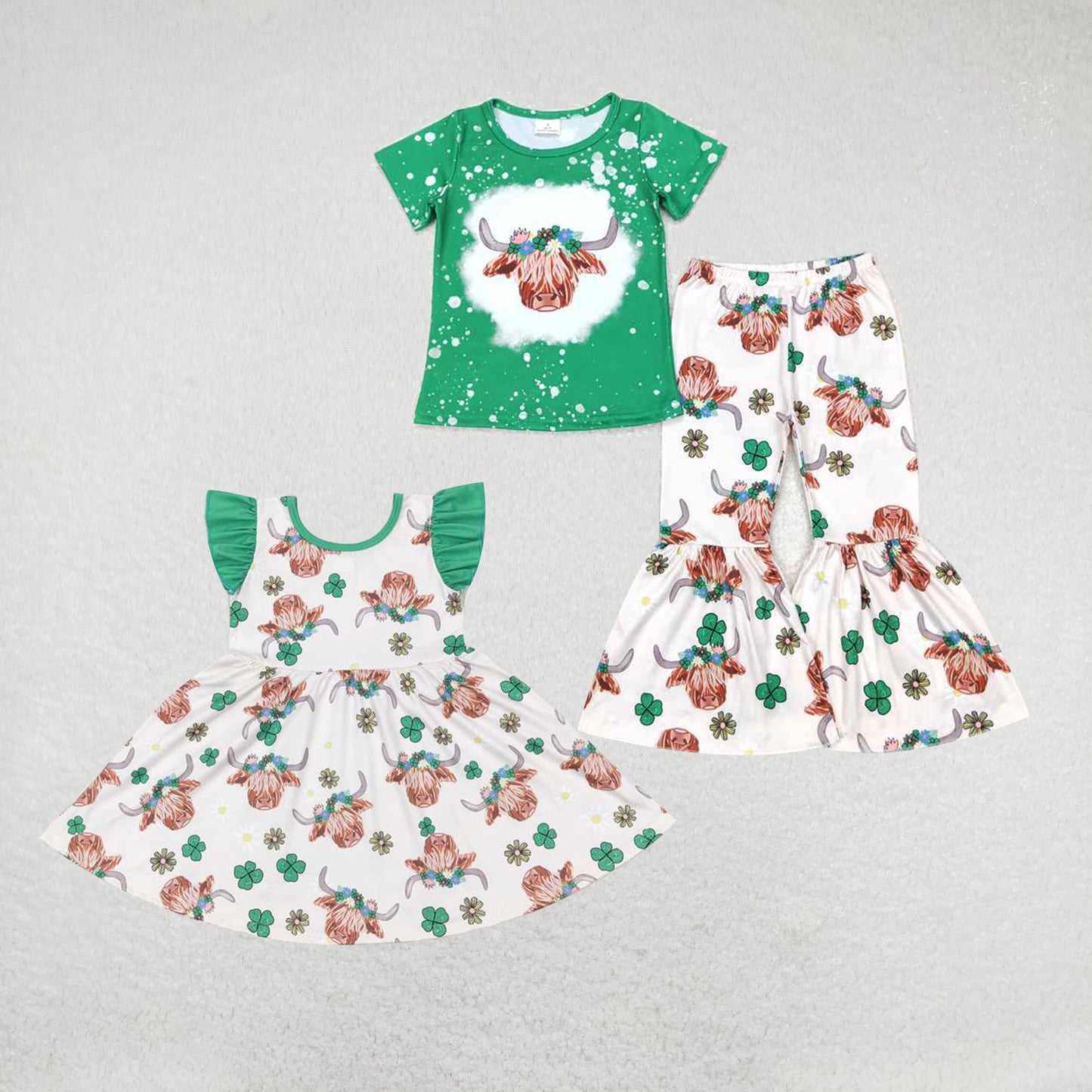 RTS NO MOQ St. Patrick's Four Leaf Clover alpine green short-sleeved dress and short-sleeved pants set