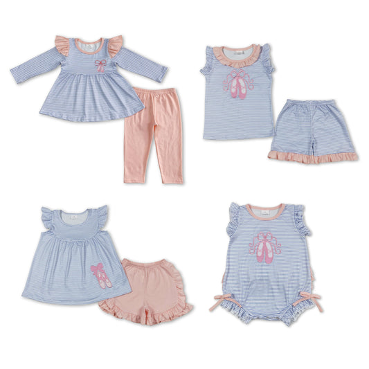 RTS NO MOQ Embroidery Ballet Shoes Blue Striped Long Sleeves Pink Long Embroidery Ballet Shoes Blue