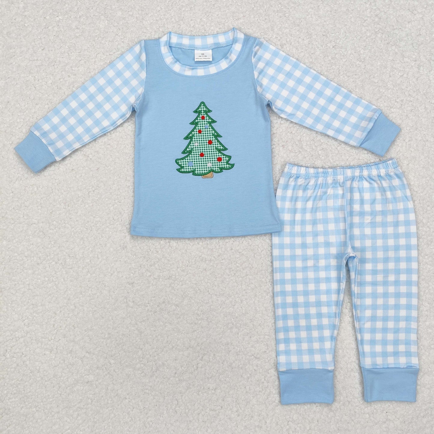 RTS NO MOQ ETA 5/7days BLP0749 Embroidered Christmas tree blue plaid long sleeve trousers pajama set