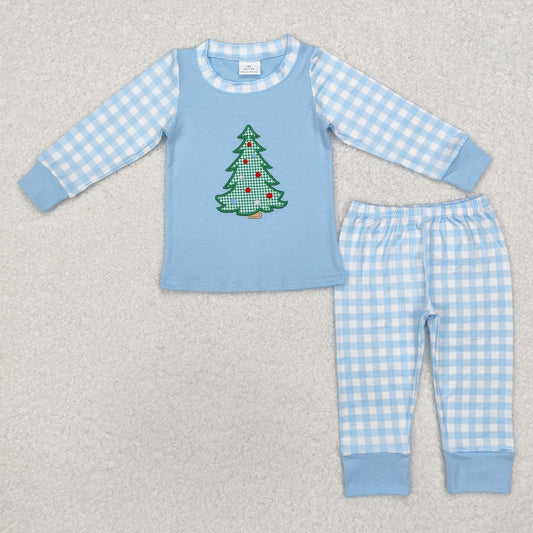 RTS NO MOQ ETA 5/7days BLP0749 Embroidered Christmas tree blue plaid long sleeve trousers pajama set