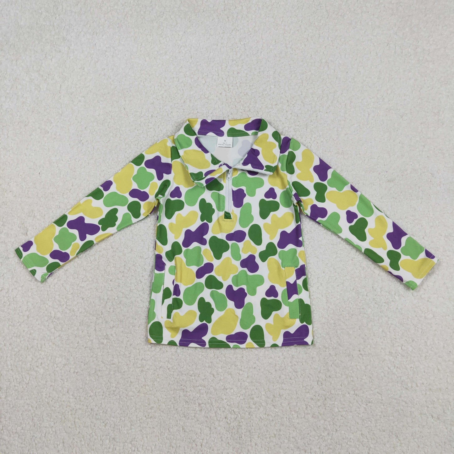 RTS NO MOQ（In Stock) Mardi Gras Green Yellow Purple Camouflage Zipper Long-Sleeved Top