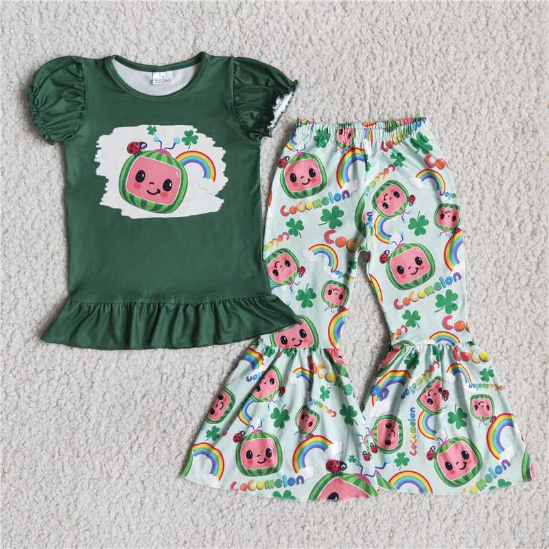 RTS NO MOQ Girls Boys Cocomelon St. Patrick's Four Leaf Clover Clothes Sets and romper