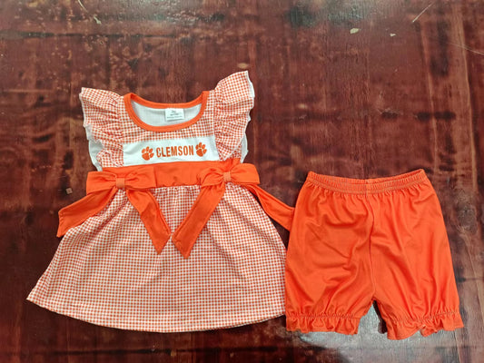 custom moq 5 eta 4-6weeks summer baby girls clothes team orange flying sleeve shorts sets