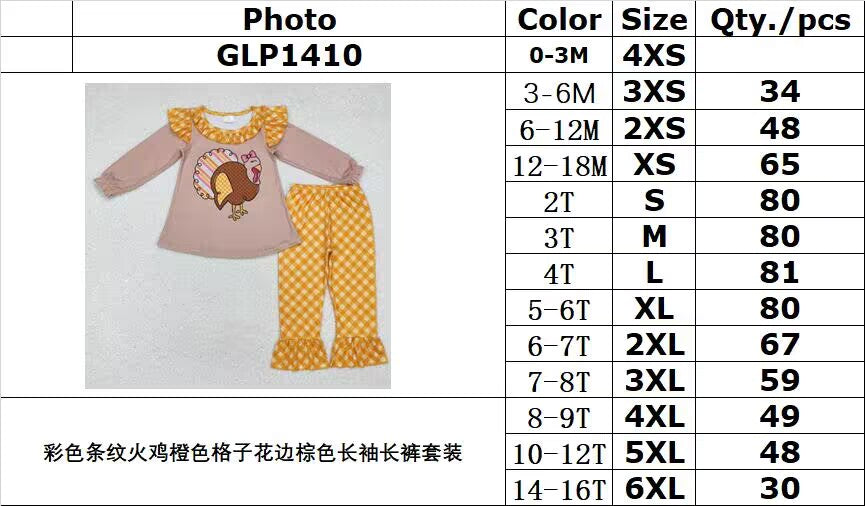 RTS NO MOQ ETA 5/7days Arrived GLP1410 Colorful striped turkey orange plaid brown long sleeve trousers set