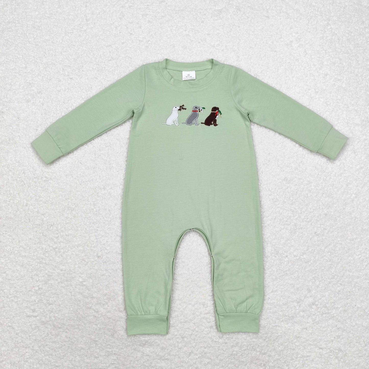 rts no moq LR1496 embroidery hunting puppy green long-sleeved jumpsuit