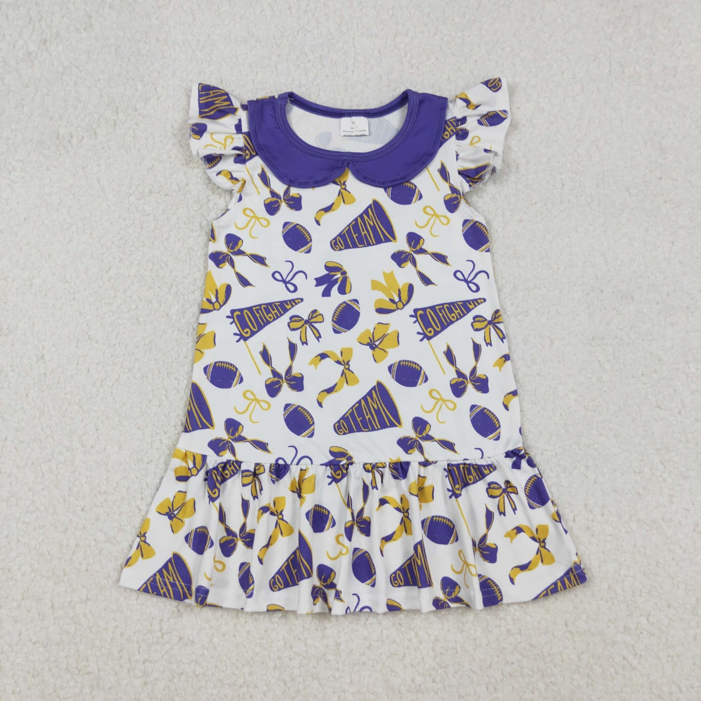 RTS NO MOQ（In Stock) GSD2784 Purple baby doll collar dress with football flared bow pattern and flying sleeves