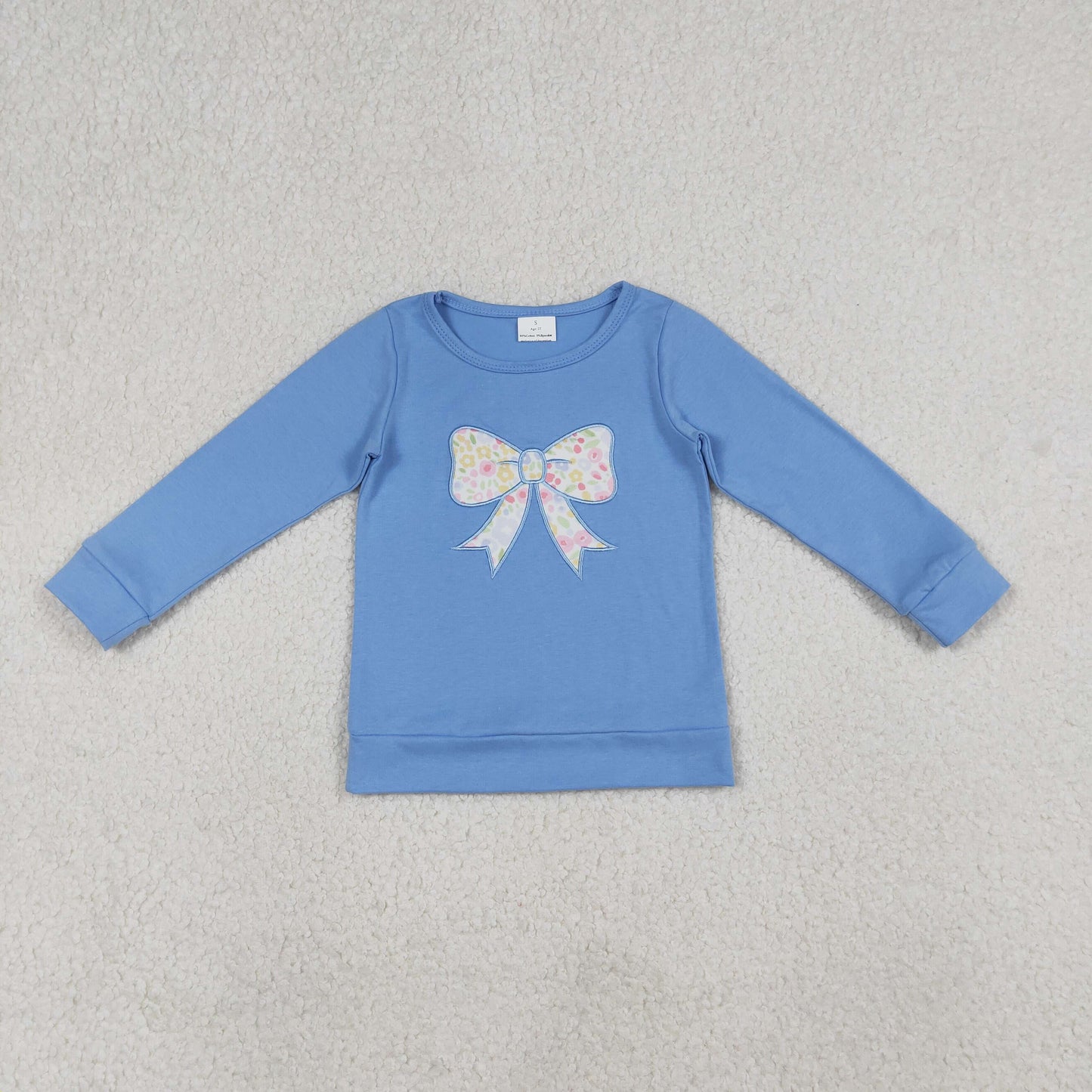 RTS NO MOQ（In Stock) GT1538 Embroidered floral print and bow pattern blue long-sleeved top