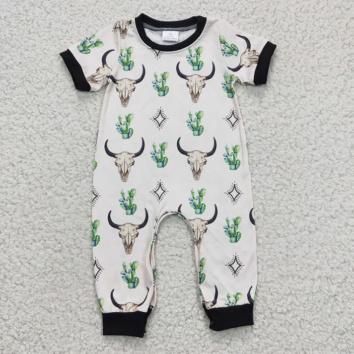 RTS NO MOQ Baby Boys Western Cowboy Hat - Bull Head Pattern Short Sleeve Long Romper