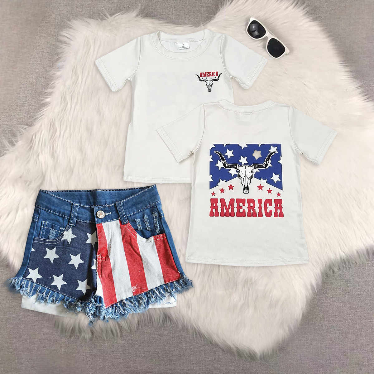 RTS NO MOQ GT0465+NC0003 america star alpine cow head beige short-sleeved top red and white striped star blue stitching denim shorts sets