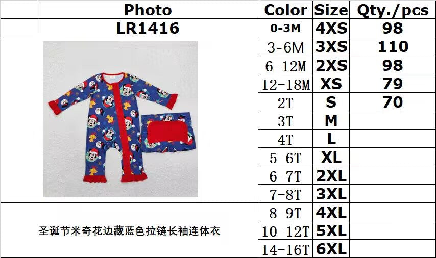 rts no moq LR1416 Christmas Mickey lace navy blue zipper long-sleeved jumpsuit