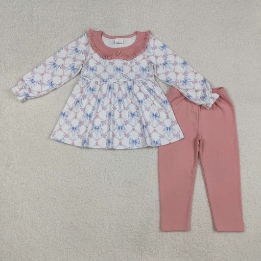 RTS NO MOQ（In Stock) GLP2774 Blue bow pattern floral plaid pink lace long-sleeved baby collar pant set
