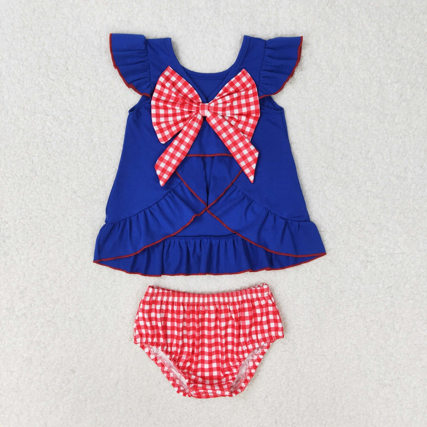 RTS no moq GBO0311 Embroidered flag bow navy blue flying sleeves red and white plaid briefs suit