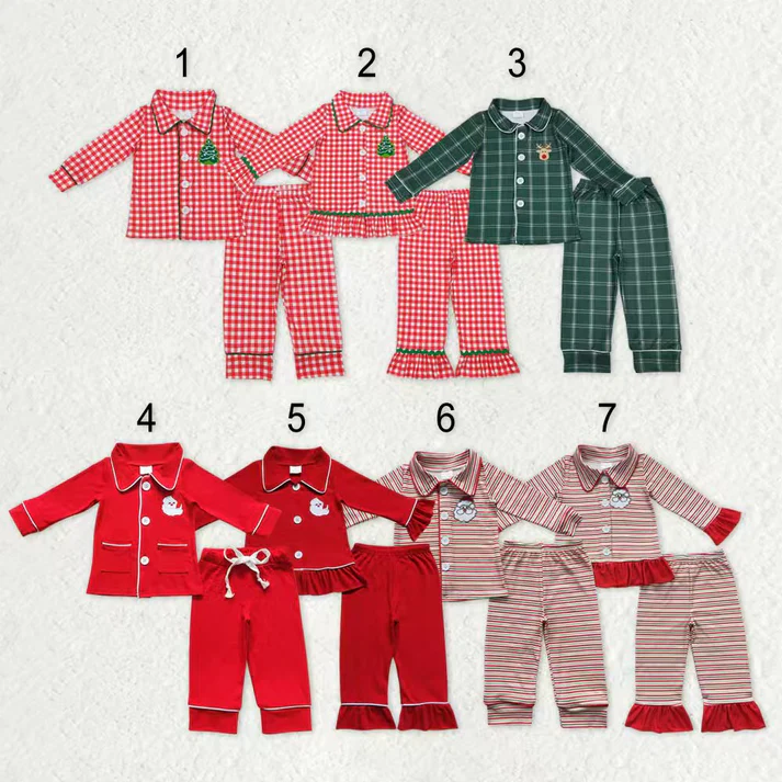 RTS NO MOQ Sibling baby girl boy clothes Embroidered Christmas tree pattern red plaid long-sleeved suitS