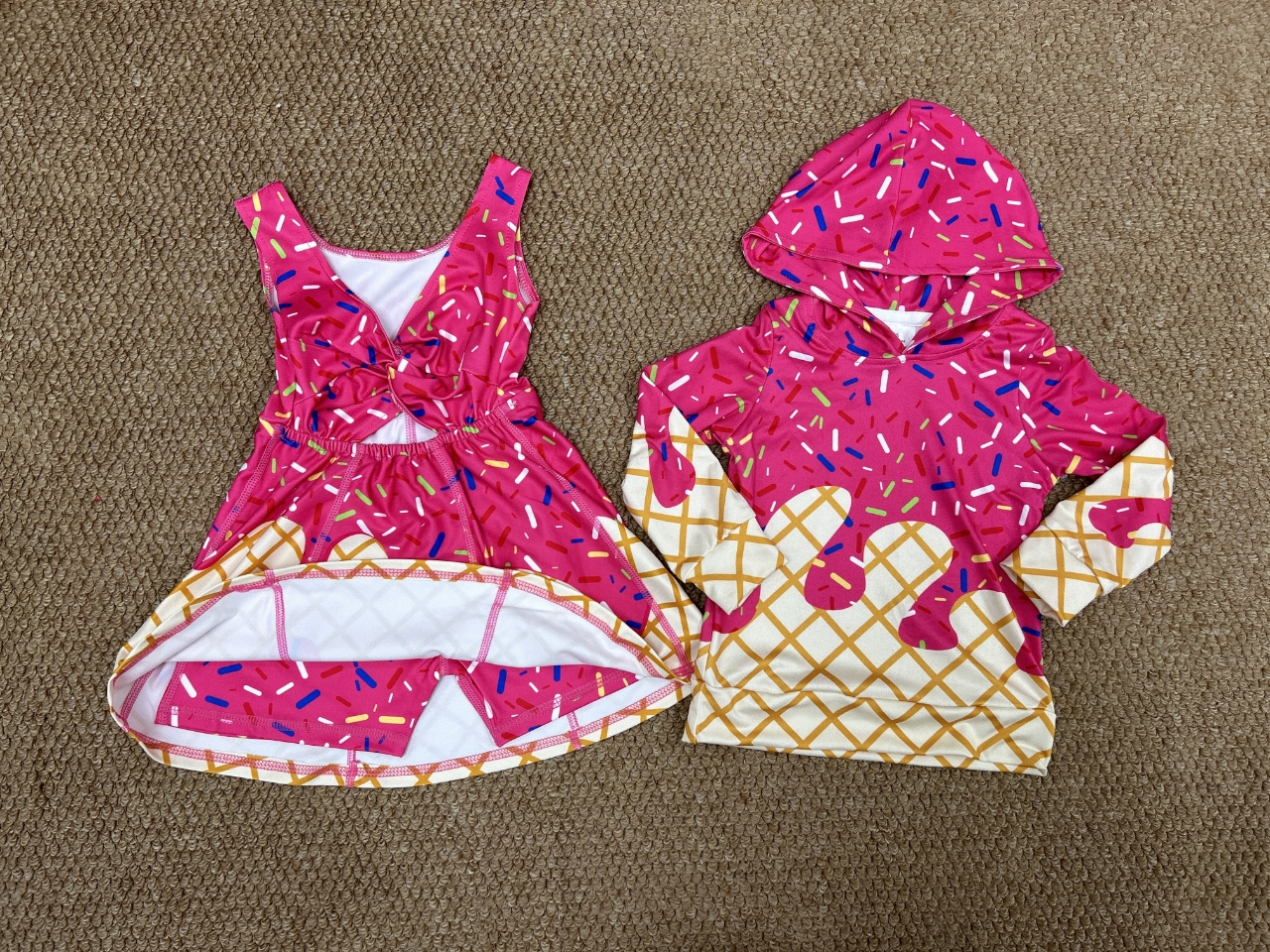 RTS Sibling baby boy girl clothes team ice cream hooded long Sleeve tops and yoga dress