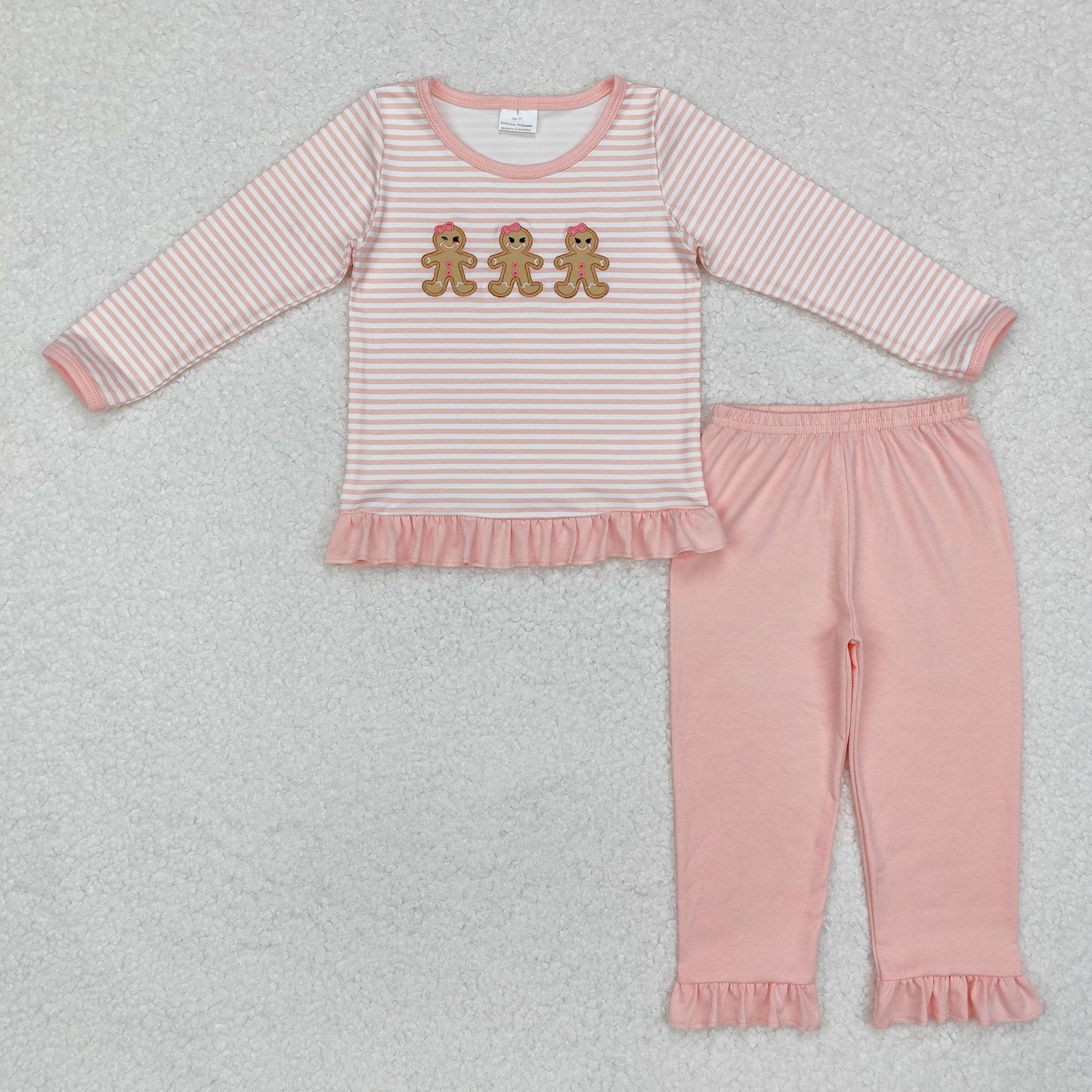 RTS NO MOQ ETA 5/7days Arrived GLP1965 Embroidered gingerbread man pink striped lace long sleeve trousers set