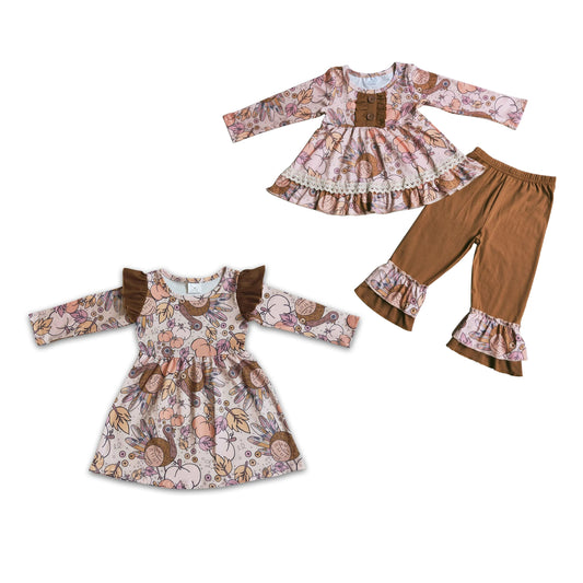 RTS NO MOQ  6 A6-11  6 B2-38 Light pink turkey pumpkin print long sleeve suit & long sleeve dress