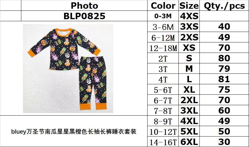 rts no moq BLP0825 bluey Halloween pumpkin star black and orange long-sleeved trousers pajamas suit