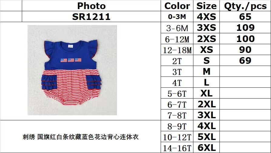 RTS no moq SR1211 Embroidered flag red and white striped navy blue lace vest jumpsuit