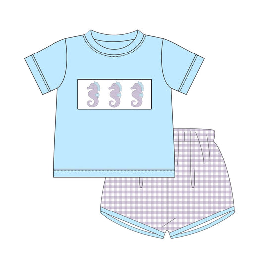 custom moq 5 eta 5-6 weeks baby boys clothes seahorse light blue short sleeve grid shorts summer outfit