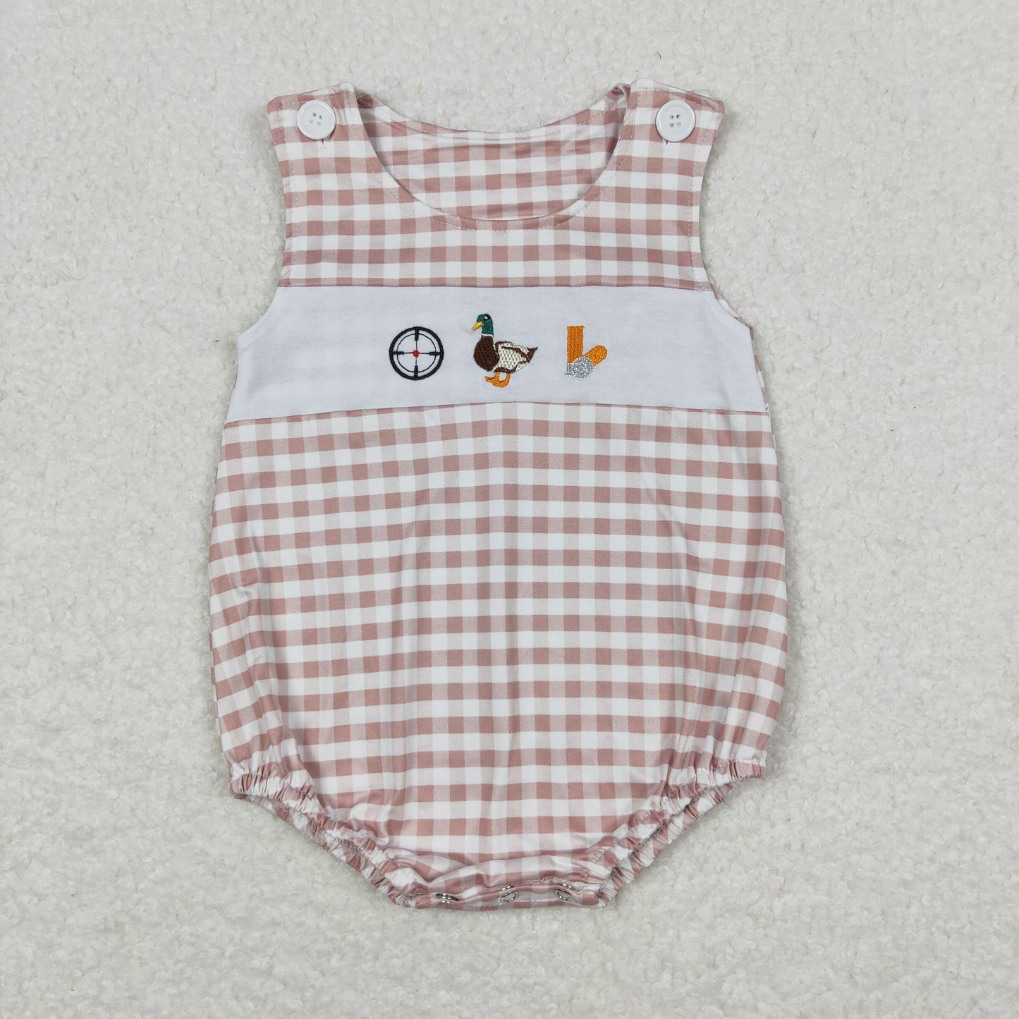 SR1009 Embroidered Duck Brown Short Sleeve Plaid Tank Bodysuit