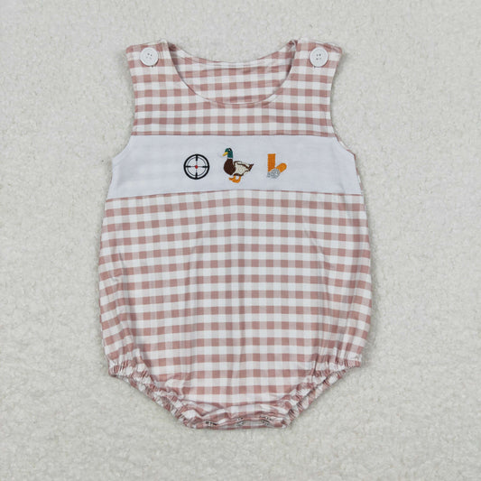 SR1009 Embroidered Duck Brown Short Sleeve Plaid Tank Bodysuit