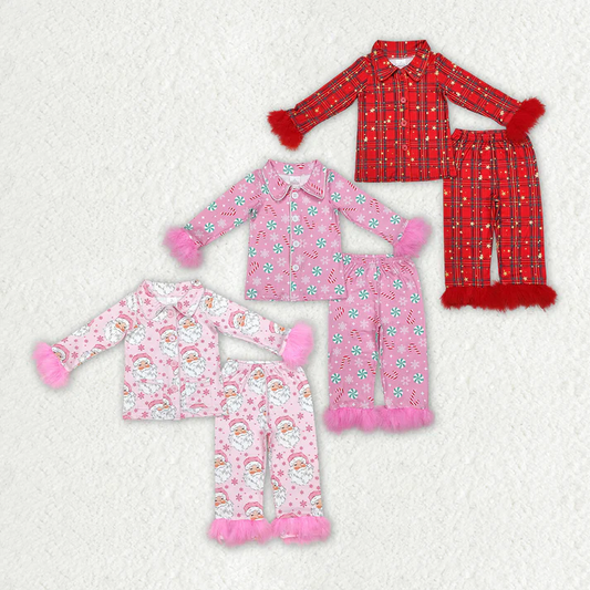 RTS NO MOQ  Baby Girls Christmas Buttons Shirt Pants Pajamas Clothes Sets