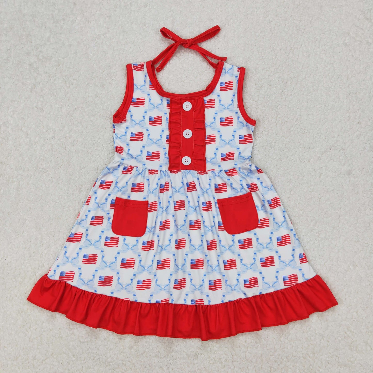 RTS NO MOQ ETA 5/7days Arrived GSD1625 National Day Flag Blue Bow Pattern Red Pocket Lace Sleeveless Dress