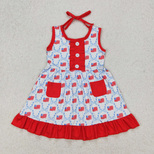 RTS NO MOQ ETA 5/7days Arrived GSD1625 National Day Flag Blue Bow Pattern Red Pocket Lace Sleeveless Dress