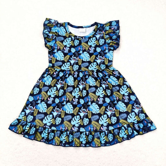 GSD0863 Cartoon Stitch Leaves Blue Flying Sleeve Dress