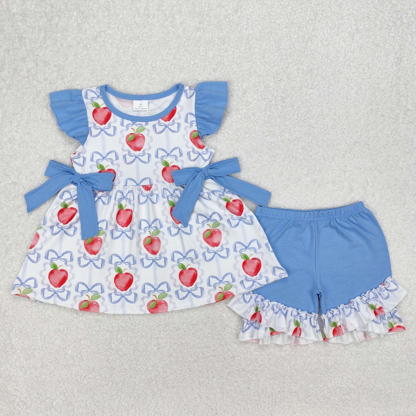 RTS NO MOQ ETA 5/7days Arrived GSSO2114 Apple blue bow pattern lace flying sleeve shorts set