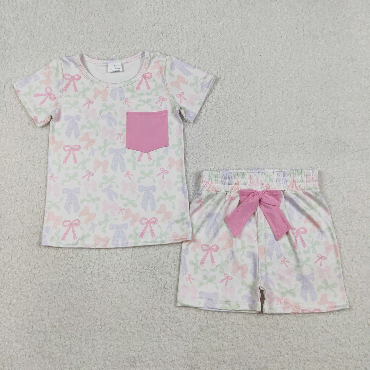 RTS NO MOQ（In Stock) GSSO2990 Pocket Colorful Bow Pattern Beige Short-Sleeve and Shorts Set