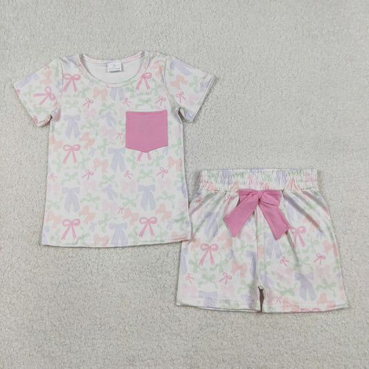 RTS NO MOQ（In Stock) GSSO2990 Pocket Colorful Bow Pattern Beige Short-Sleeve and Shorts Set