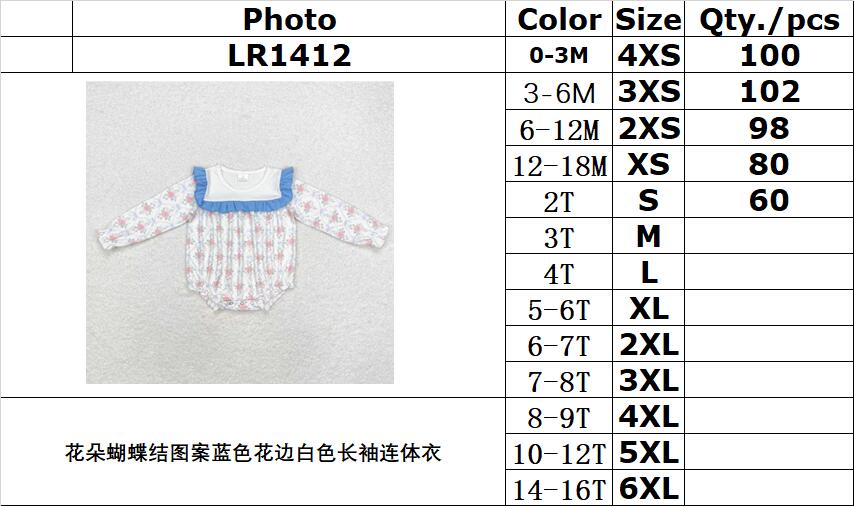 rts no moq LR1412 Flower bow pattern blue lace white long-sleeved jumpsuit