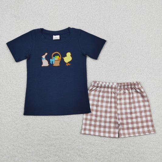 BSSO0364 Embroidered bunny egg chick navy blue short-sleeved khaki plaid shorts suit
