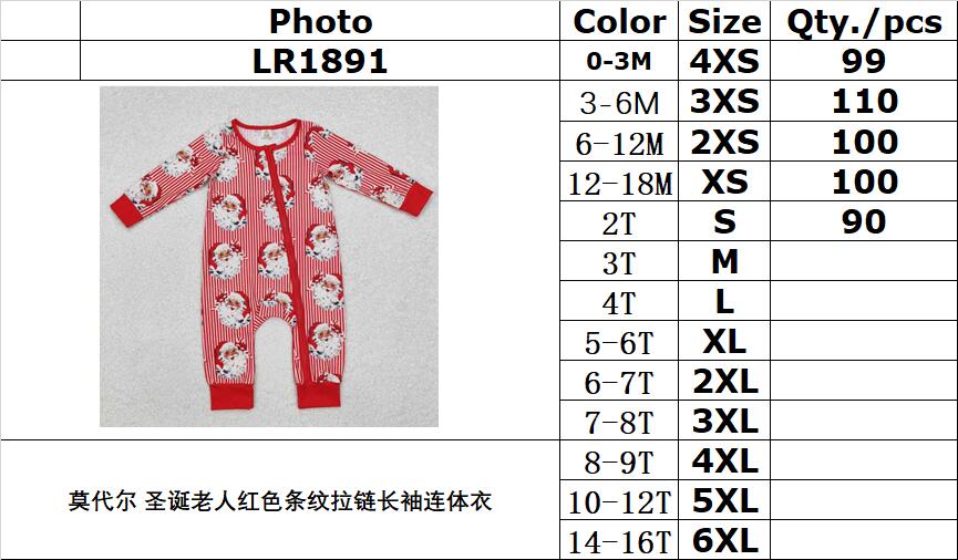 BAMBOO RTS NO MOQ ETA 5/7days Arrived LR1891 Modal Santa Claus red striped zipper long-sleeved jumpsuit