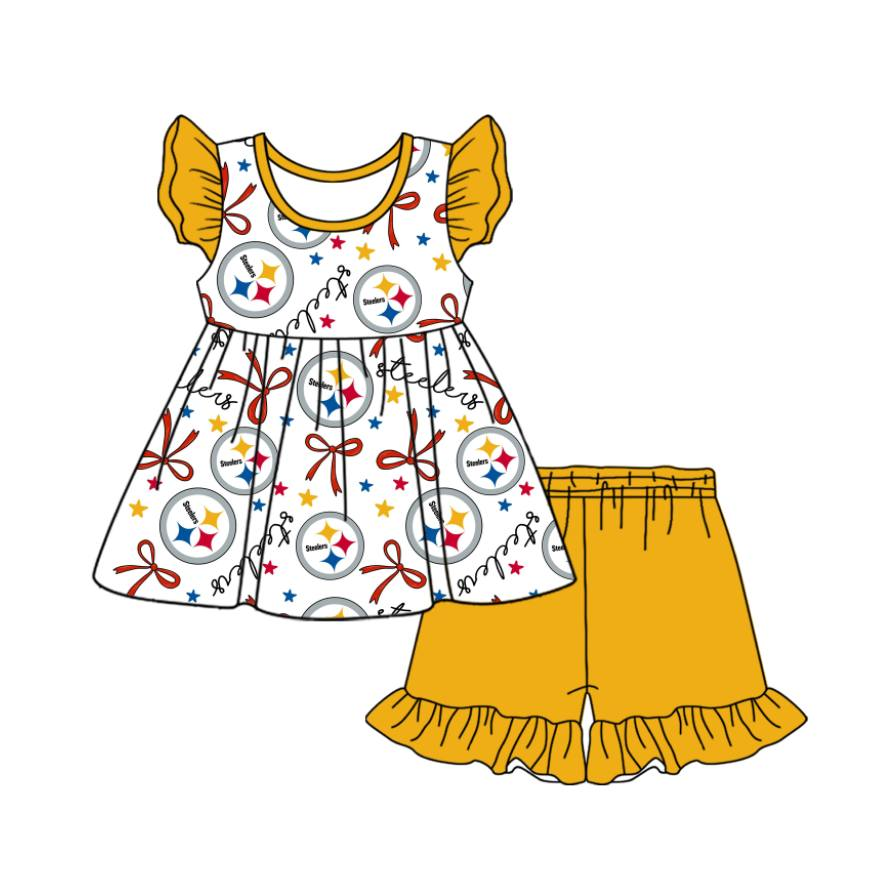 custom moq 3 eta 6-7weeks baby girls clothes team bow yellow short Sleeves Shorts Set