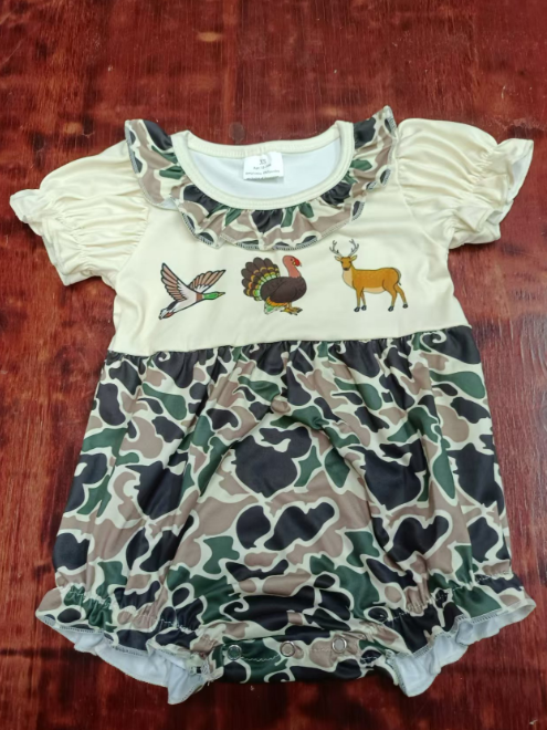 Custom moq 3 eta 6-7weeks  Beige-camouflage patchwork bubble short-sleeved short-sleeved romper