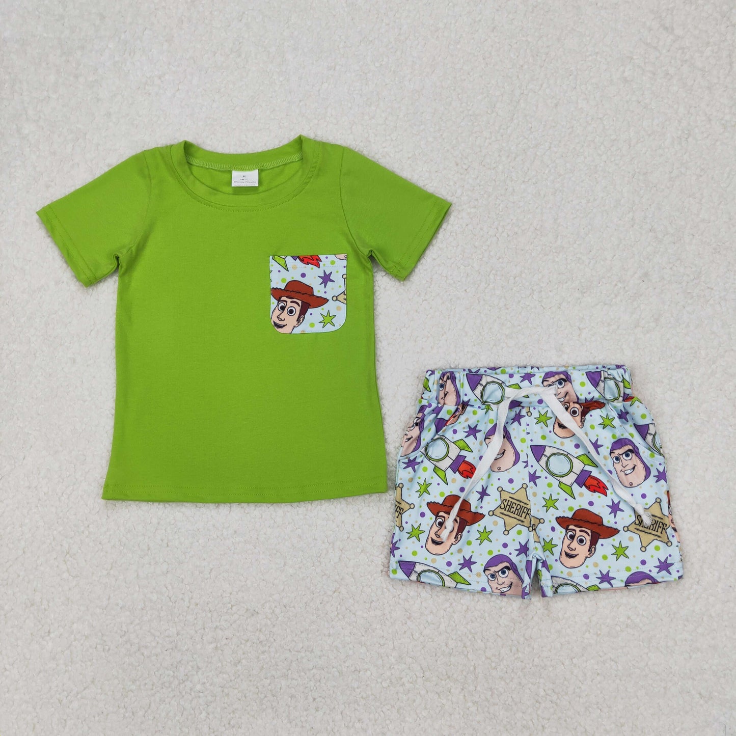 RTS NO MOQ ETA 5/7days Arrived BSSO1370 Star Toy Story pocket green shorts set