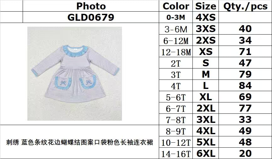 RTS NO MOQ ETA 5/7days arrived GLD0679 Embroidery Blue Striped Lace Bowknot Pattern Pocket Pink Long Sleeve Dress