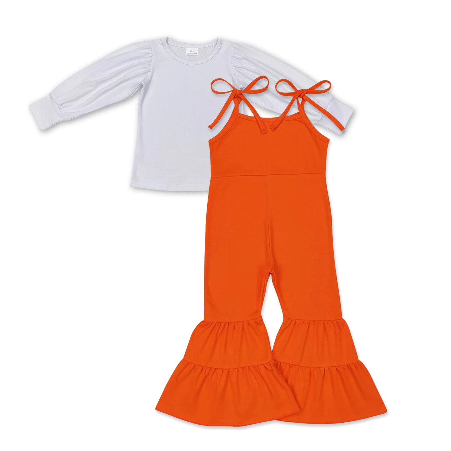 SR0451 Orange suspender jumpsuit with white top