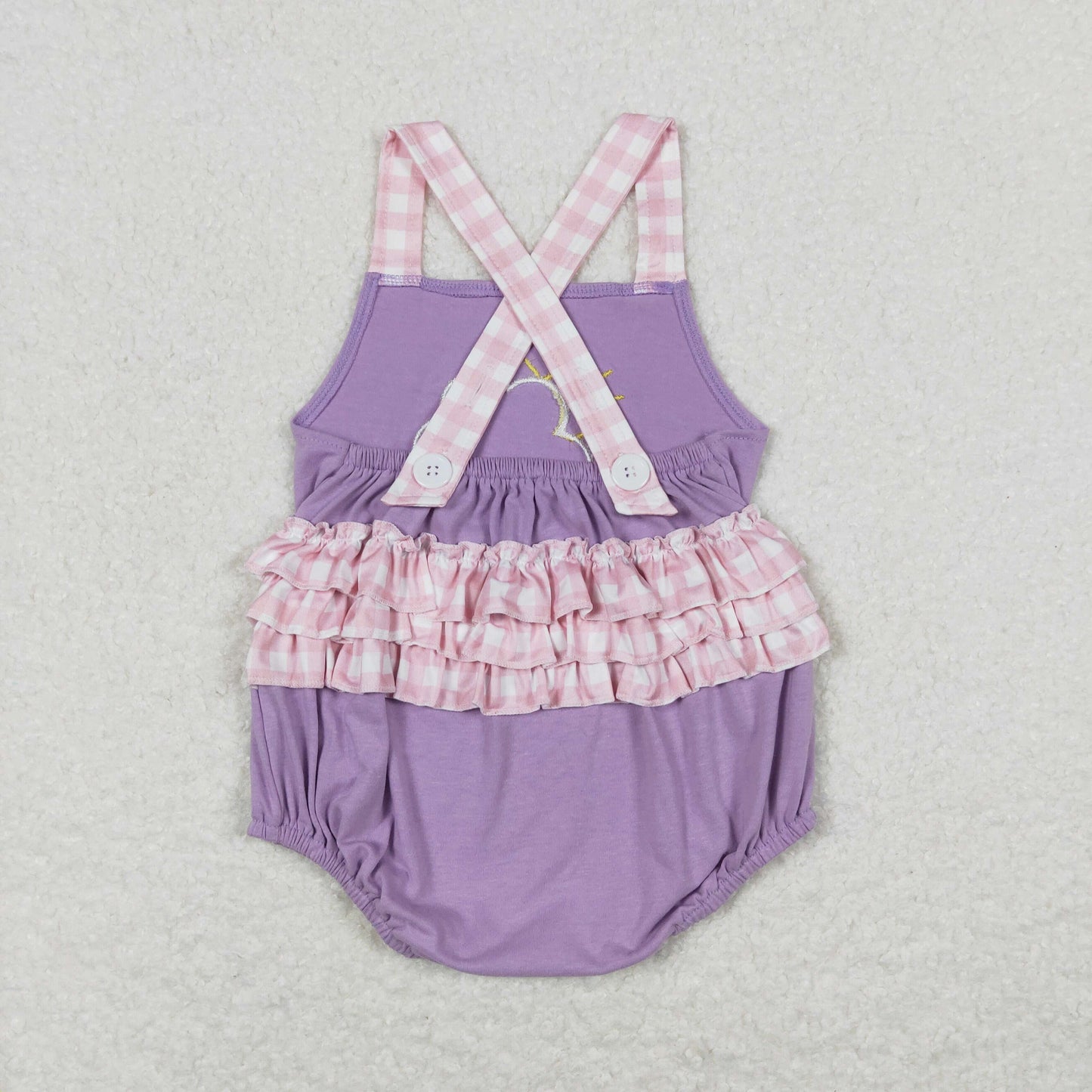 SR1071 Embroidery Pink and white plaid lace purple vest jumpsuit on a rainy and cloudy day