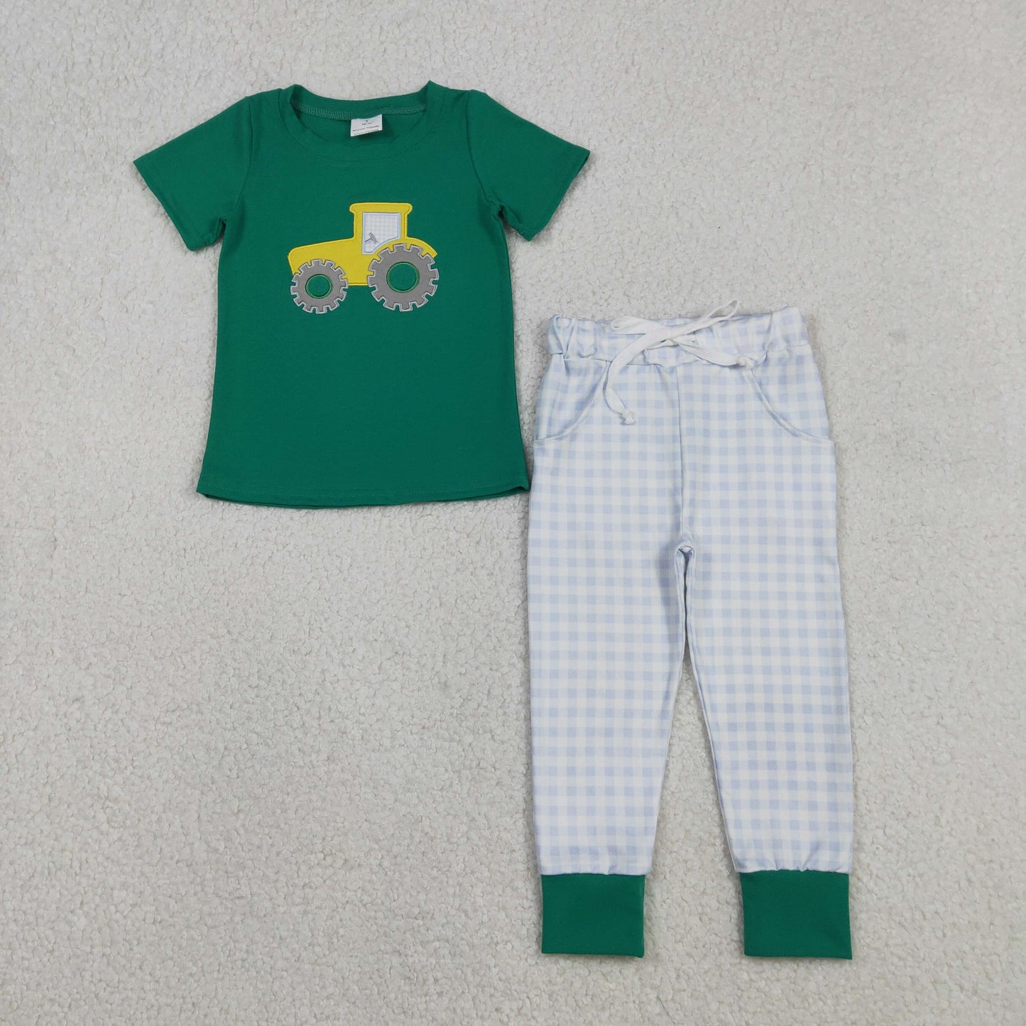 RTS NO MOQ（In Stock) Embroidered Tractor Green Short-Sleeve T-Shirt and Blue Plaid Pants Set