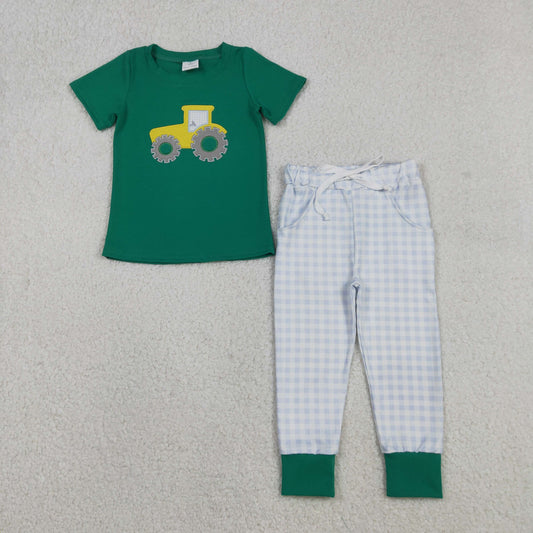 RTS NO MOQ（In Stock) Embroidered Tractor Green Short-Sleeve T-Shirt and Blue Plaid Pants Set