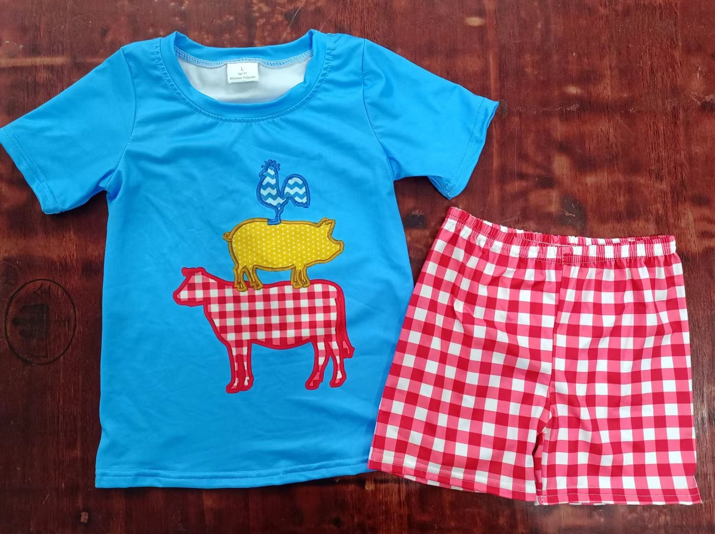 custom moq 5 eta 4-6weeks summer baby boys clothes blue short sleeve red grid shorts set