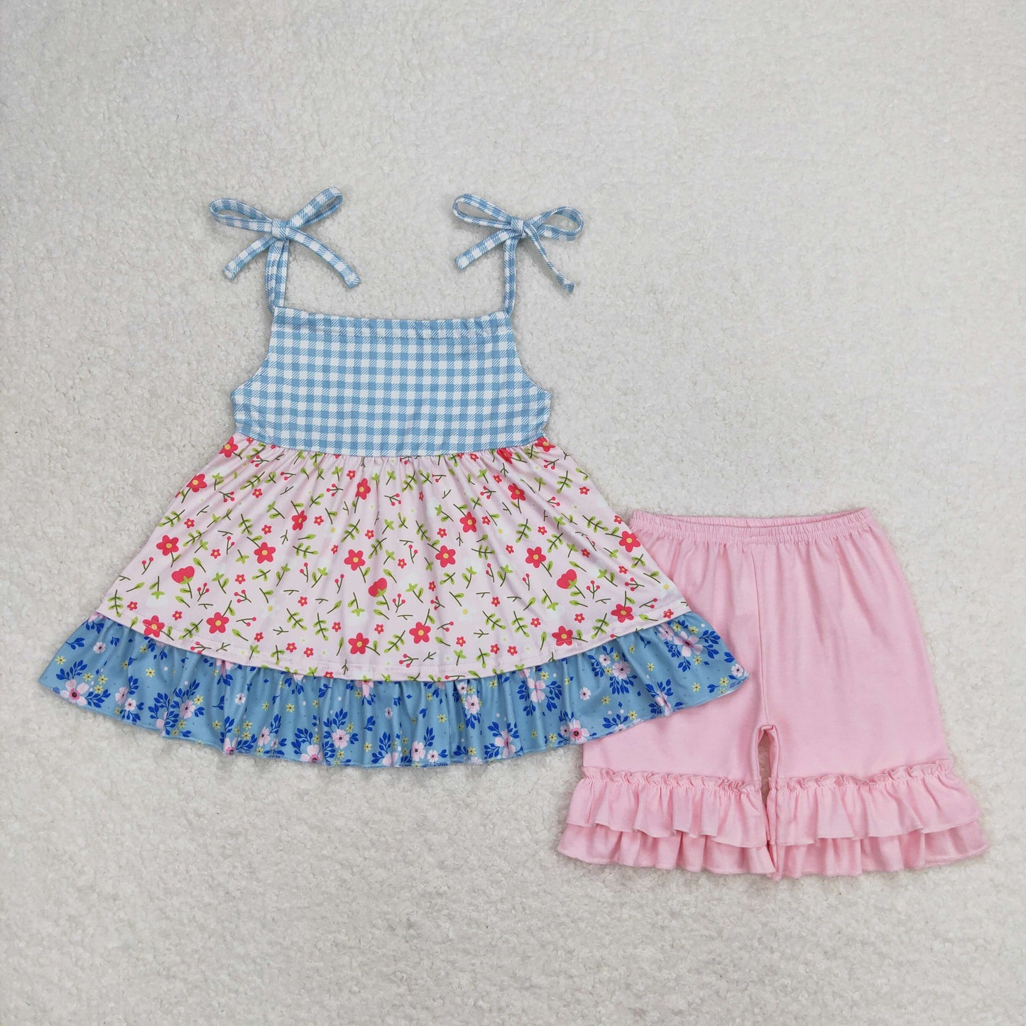 GSSO0836 Floral plaid suspenders pink lace shorts suit